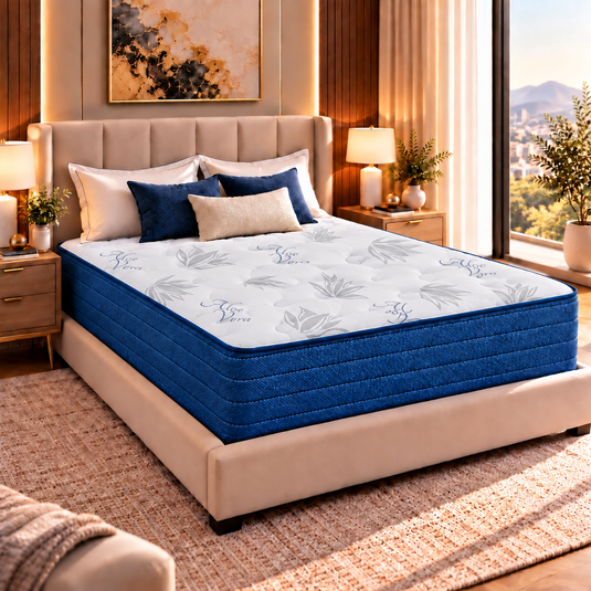 ViscoLogic Hybrid M Pocket Coil Mattress in a Box, Tight Top Blue, Quantum Edge Pocket Coils, Medium Firm, Motion Isolation & Pressure Relief, CertiPUR-US®