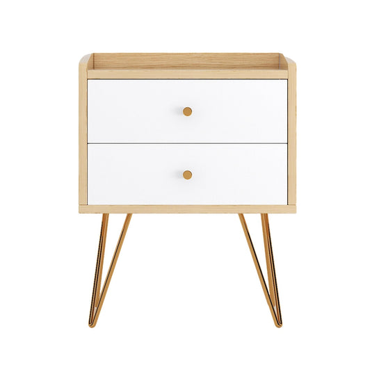 ViscoLogic SANTINEL Mid-Century NightStand With Open Storage and Two Drawers for Bedroom (Wood Grain)