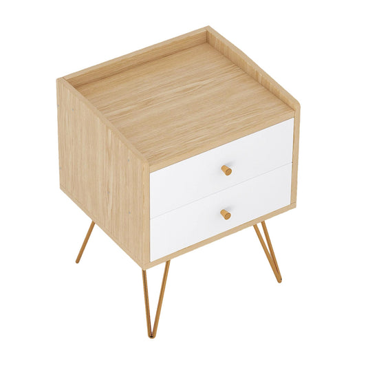 ViscoLogic SANTINEL Mid-Century NightStand With Open Storage and Two Drawers for Bedroom (Wood Grain)