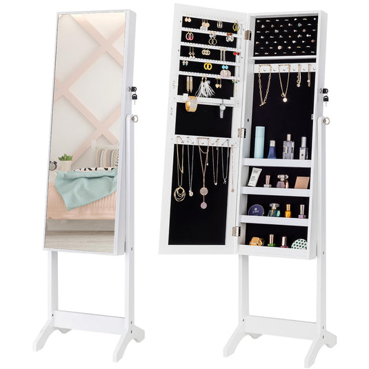 ViscoLogic Evie Jewelry Armoire Makeup Mirrored Storage Cabinet for Cosmetics, Jewelry, Lockable Cabinet and Organizer With Dressing Mirror (White)