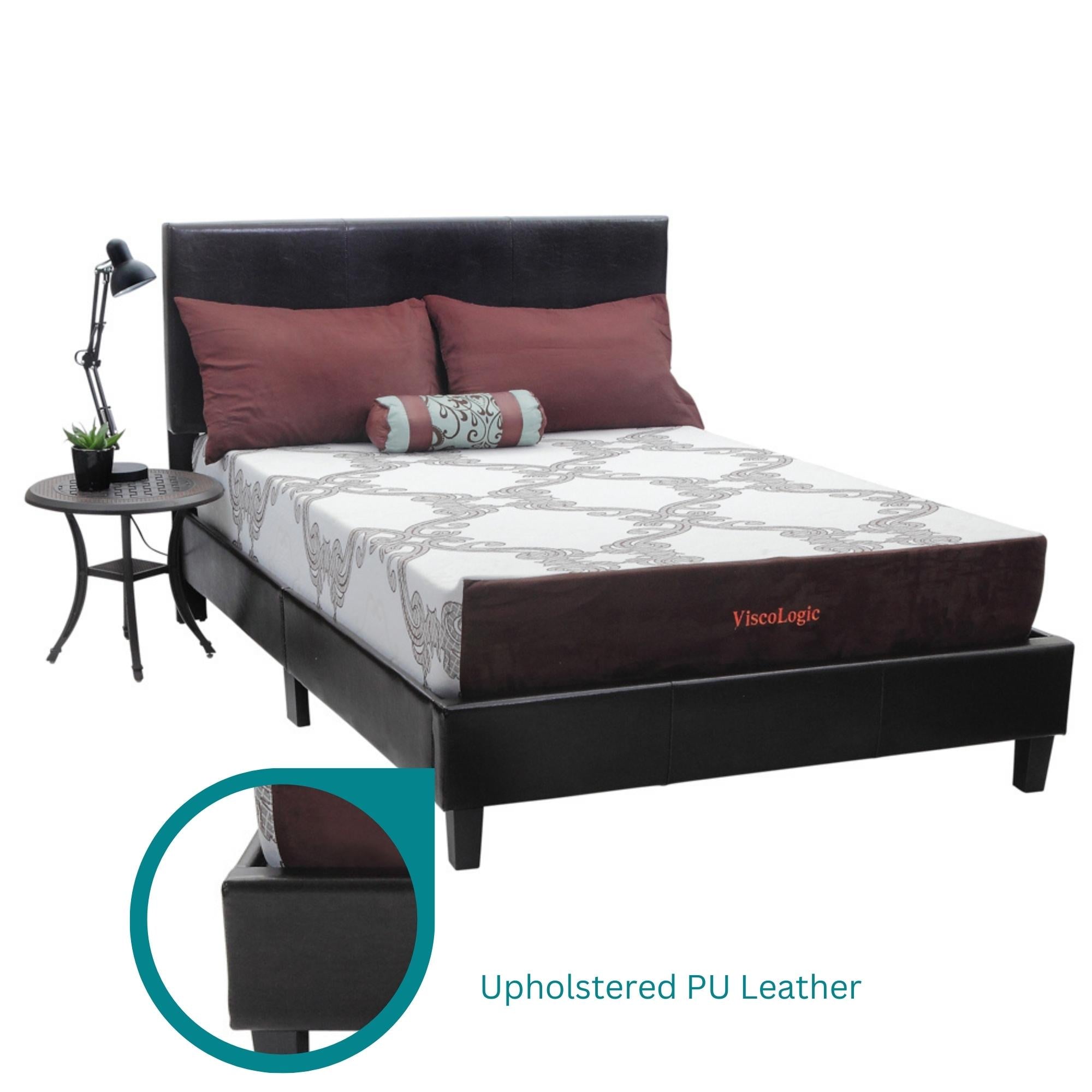 ViscoLogic Luca Platform Bed with Faux Leather Headboard / Foot-board and Rails (Brown)