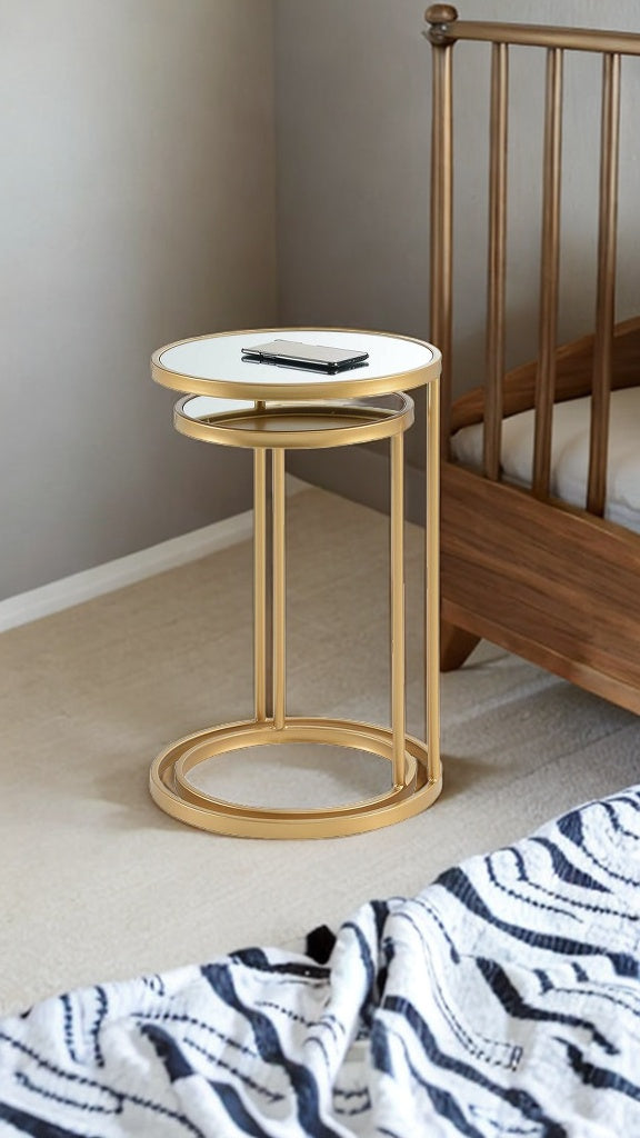 ViscoLogic Roven Glass Mirror Metal Frame Mid-Century Nested End Table Living Room Side Table (Gold)