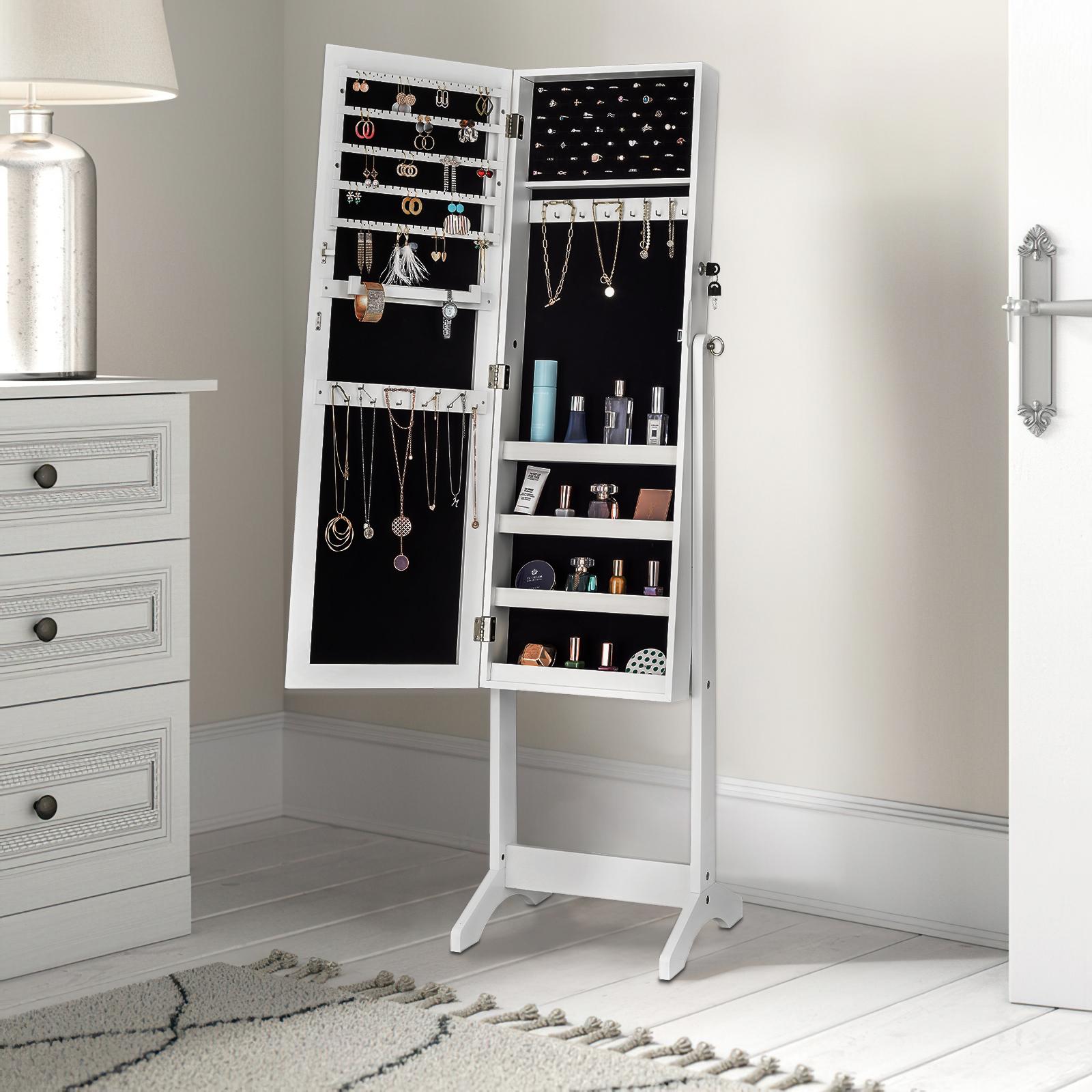 ViscoLogic Evie Jewelry Armoire Makeup Mirrored Storage Cabinet for Cosmetics, Jewelry, Lockable Cabinet and Organizer With Dressing Mirror (White)