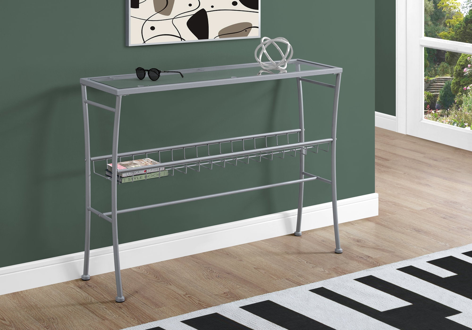Accent Table - 42"L / Silver /Tempered Glass Hall Console
