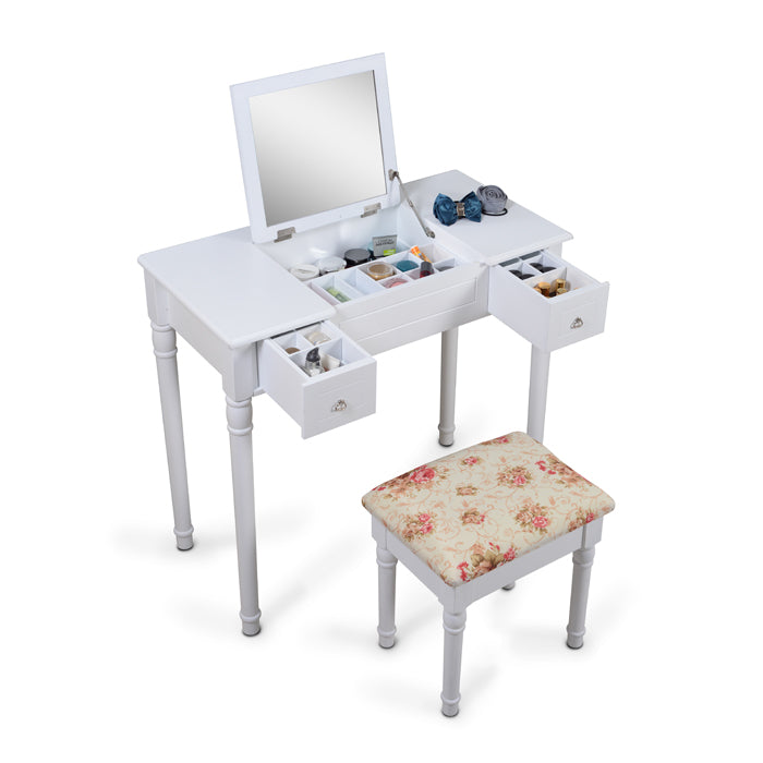 ViscoLogic Wooden Mirrored Makeup Vanity Table & Cushioned Stool (Flat Top - White)
