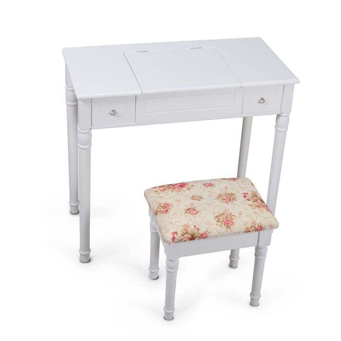 ViscoLogic Wooden Mirrored Makeup Vanity Table & Cushioned Stool (Flat Top - White)