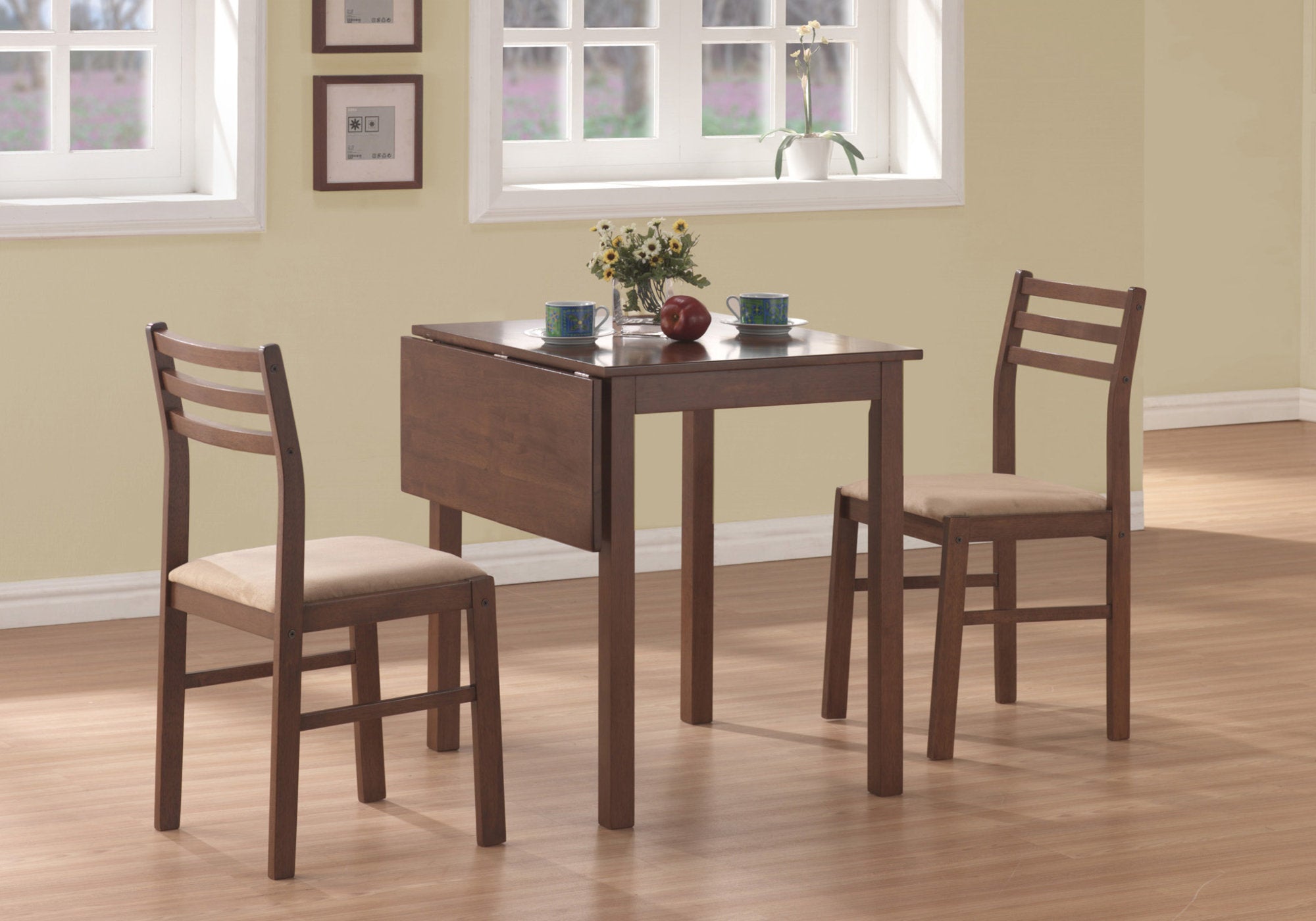 Valner Wooden Drop Leaf Dining Table With 2 Chairs (Walnut - 3 Pcs Set)