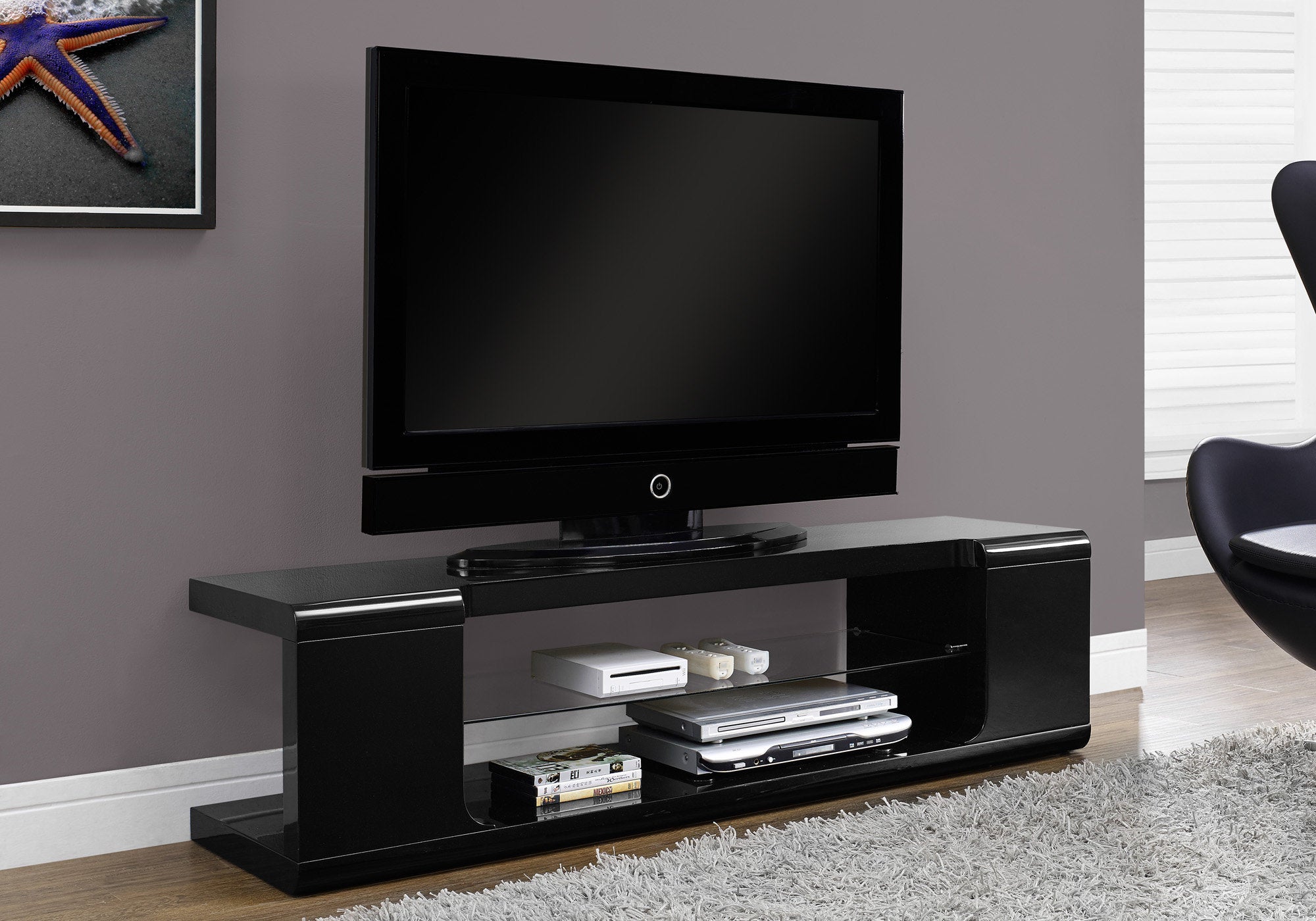 TV Stand - 60"L / High Glossy Black With Tempered Glass
