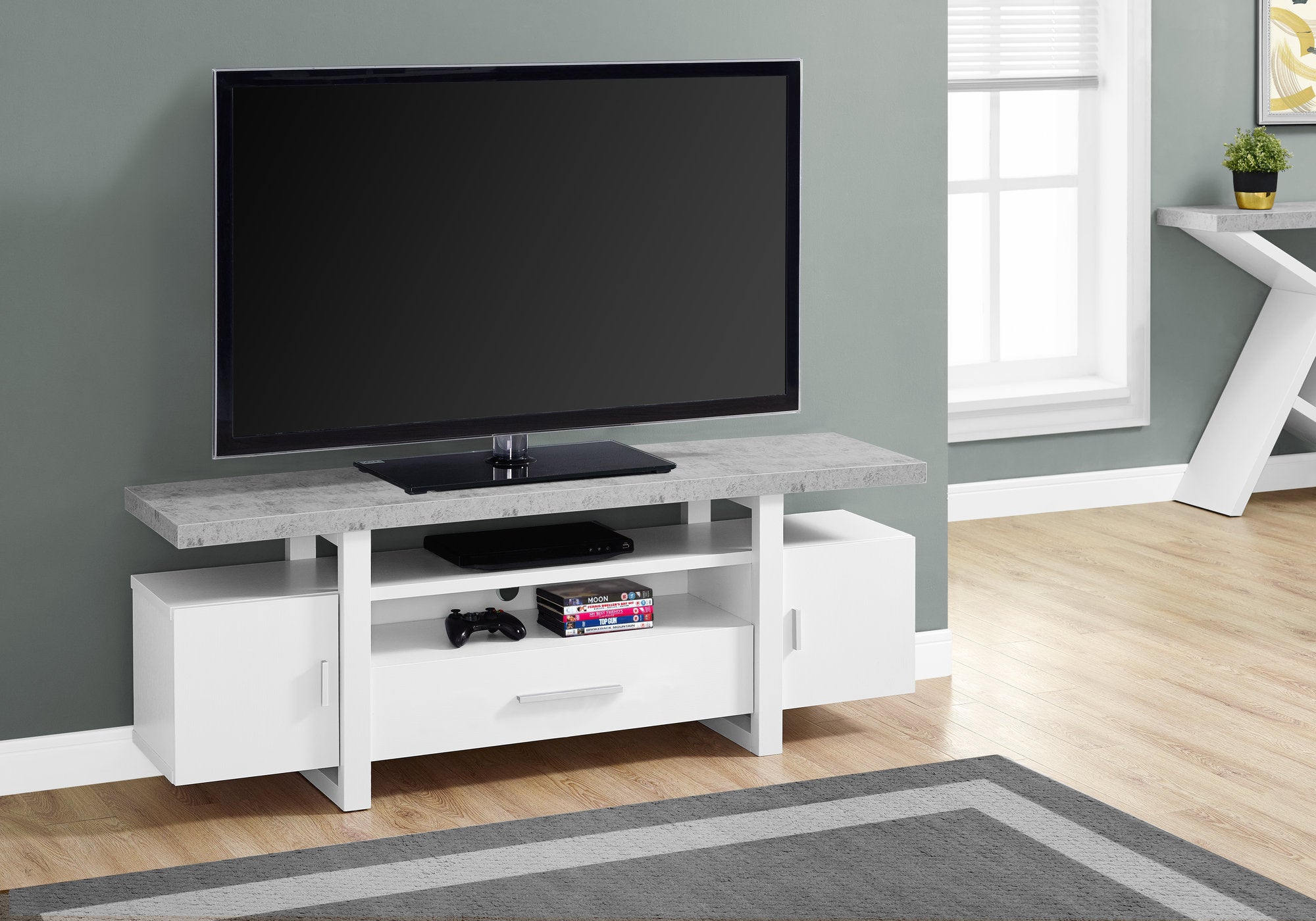 TV Stand - 60"L / White / Cement-Look Top