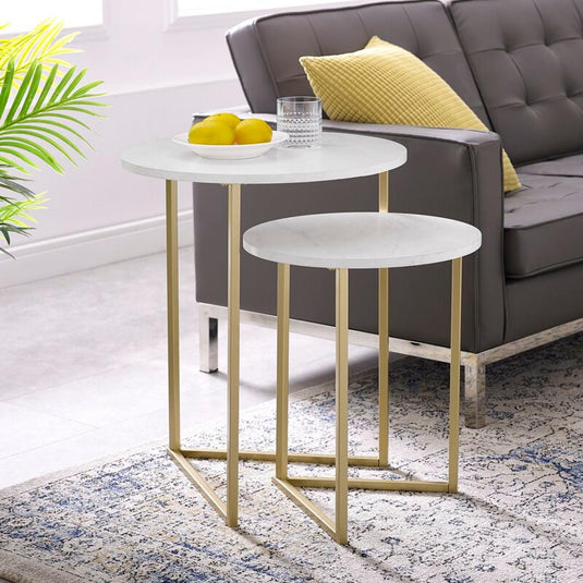 ViscoLogic V-Shaped Marble Top Nesting Coffee Tables, End Tables, Metal Frame Side Tables For Living Room, Bedrrom,Balcony (Golden Yellow)