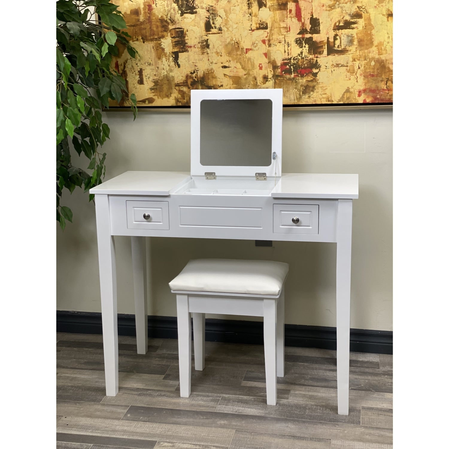 ViscoLogic WDTS Leatherette Square Wooden Makeup Vanity Dressing Table With Stool (White)