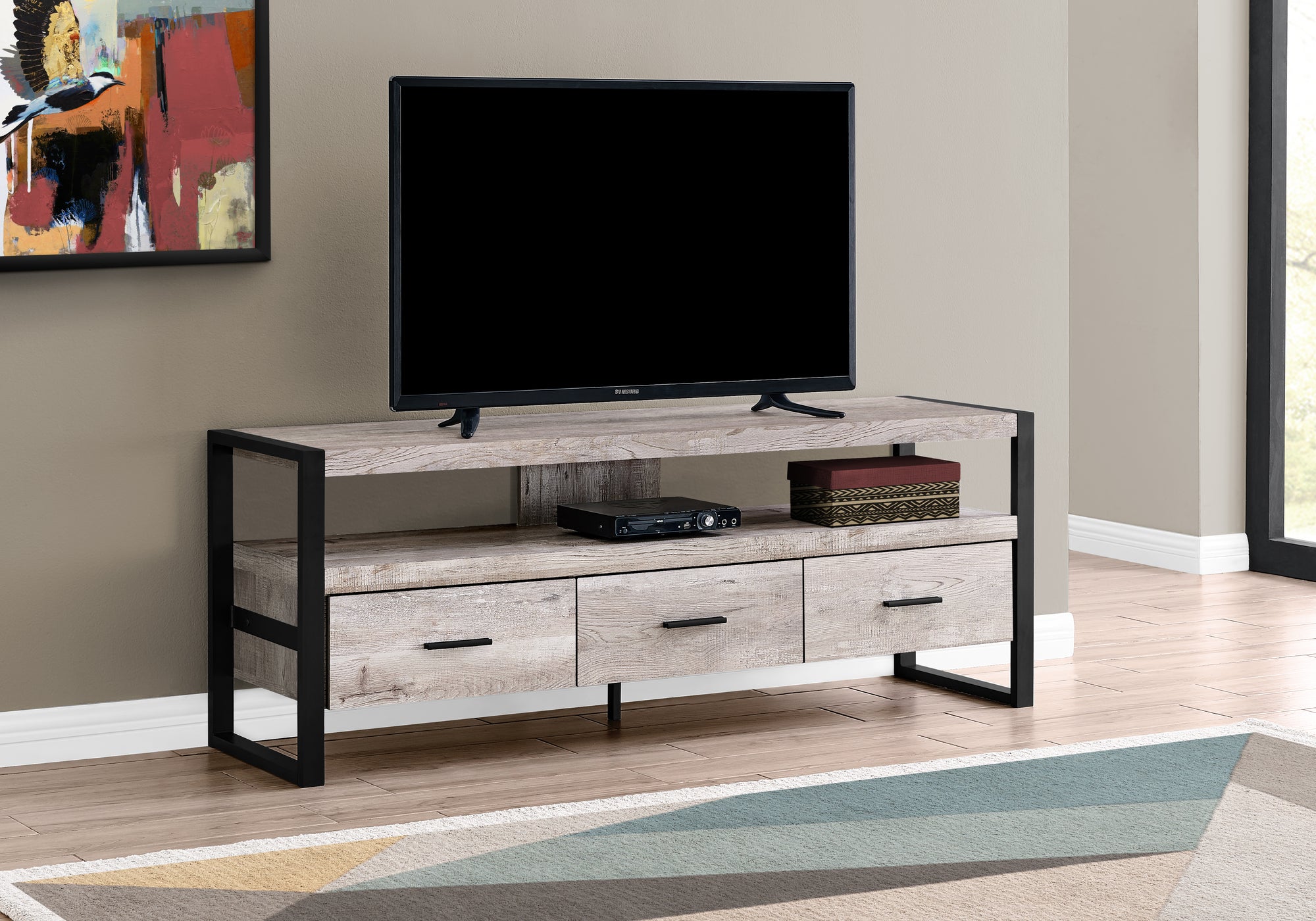 TV Stand - 60"L / Taupe Reclaimed Wood-Look / 3 Drawers