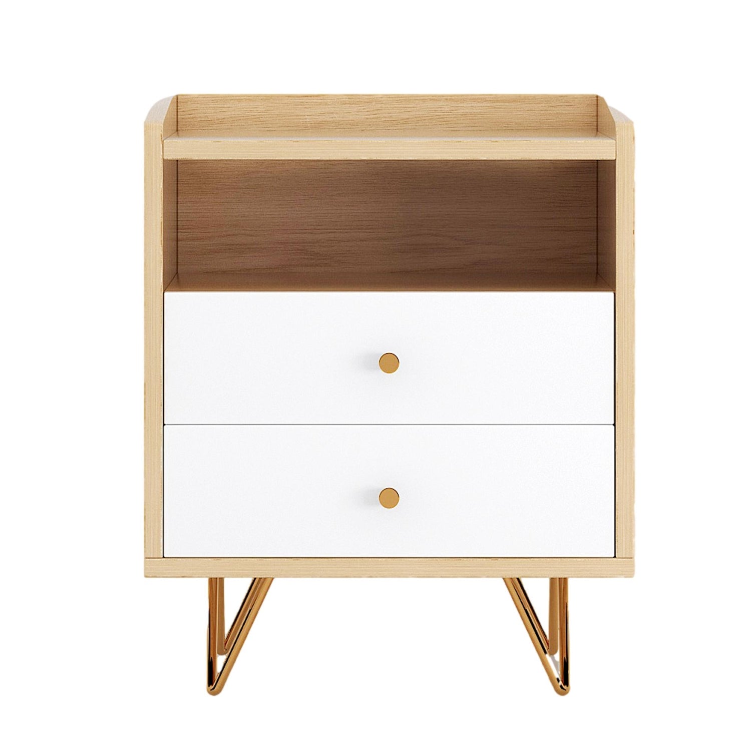 ViscoLogic FLETCHER Mid-Century NightStand With Open Storage and Two Drawers for Bedroom (Wood Grain)