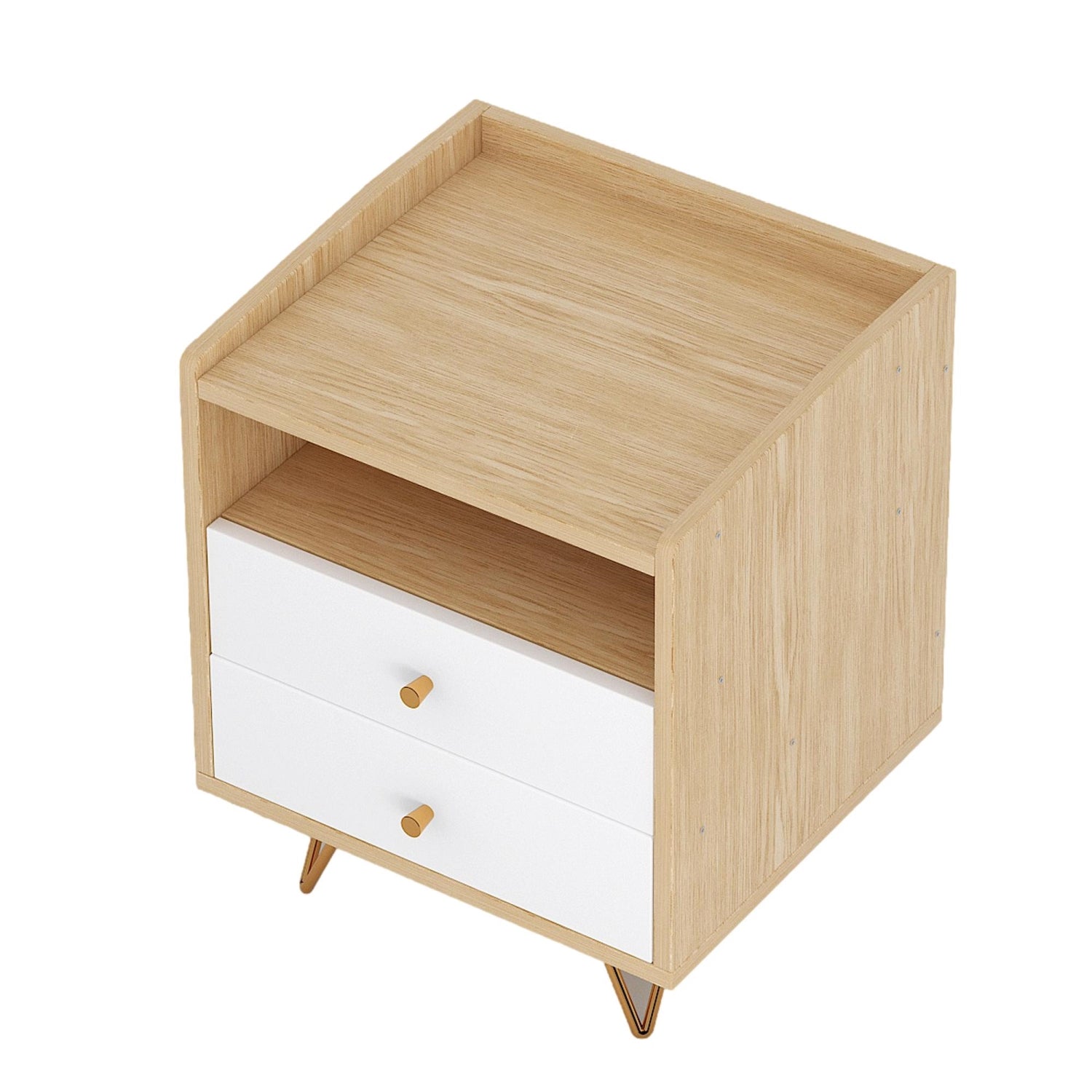 ViscoLogic FLETCHER Mid-Century NightStand With Open Storage and Two Drawers for Bedroom (Wood Grain)
