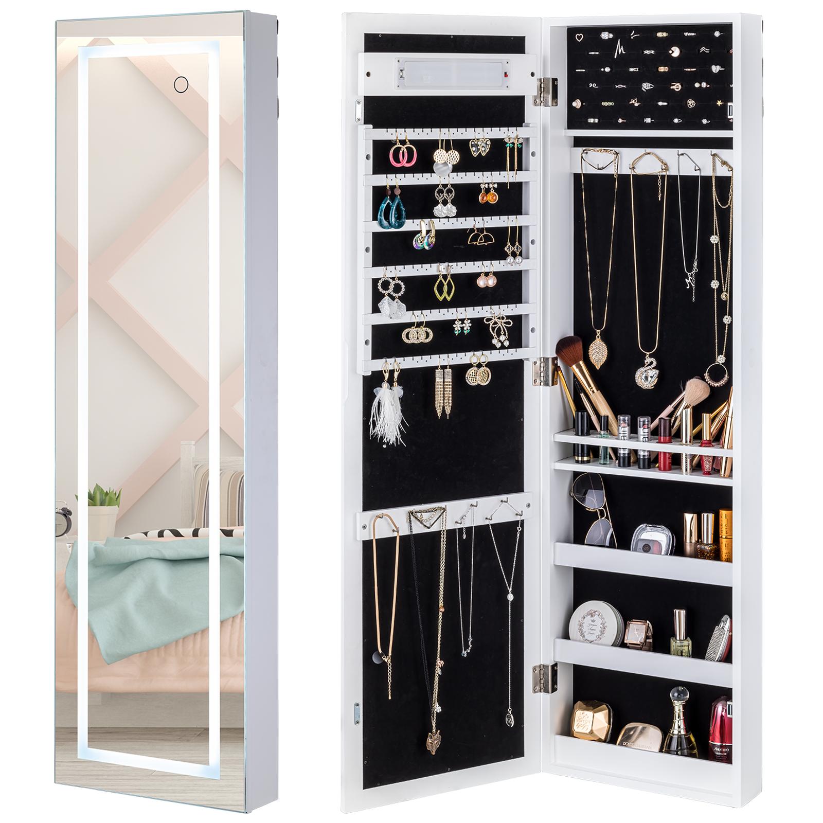 ViscoLogic Hermione Wall Mounted/ Door- Hanging LED Jewelry Armoire Makeup Storage Cabinet for Cosmetics, Jewelry, Lockable Cabinet and Organizer With Dressing Mirror (White)