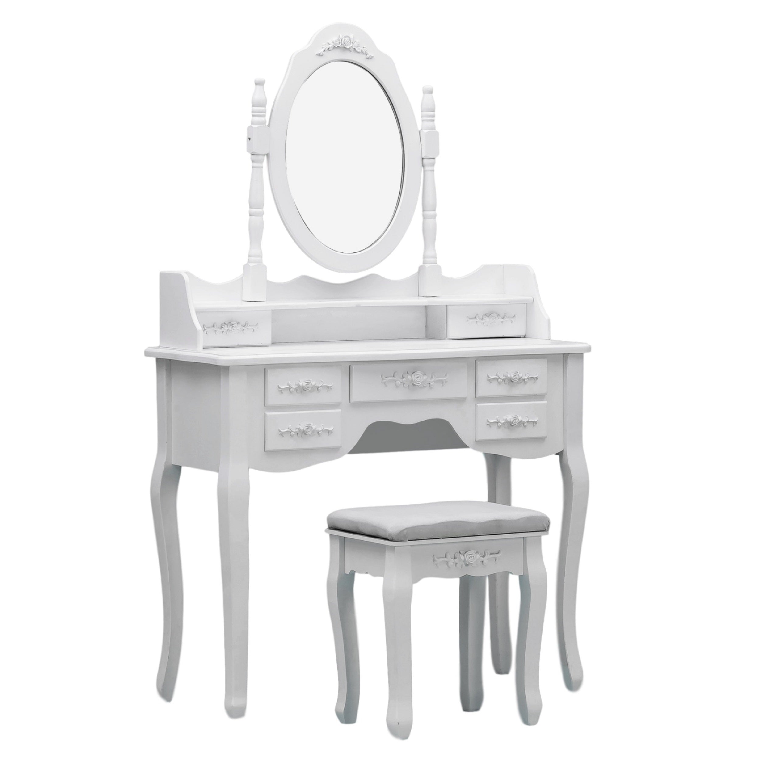 ViscoLogic Wooden Mirrored Makeup Vanity Table & Cushioned Stool Set - White