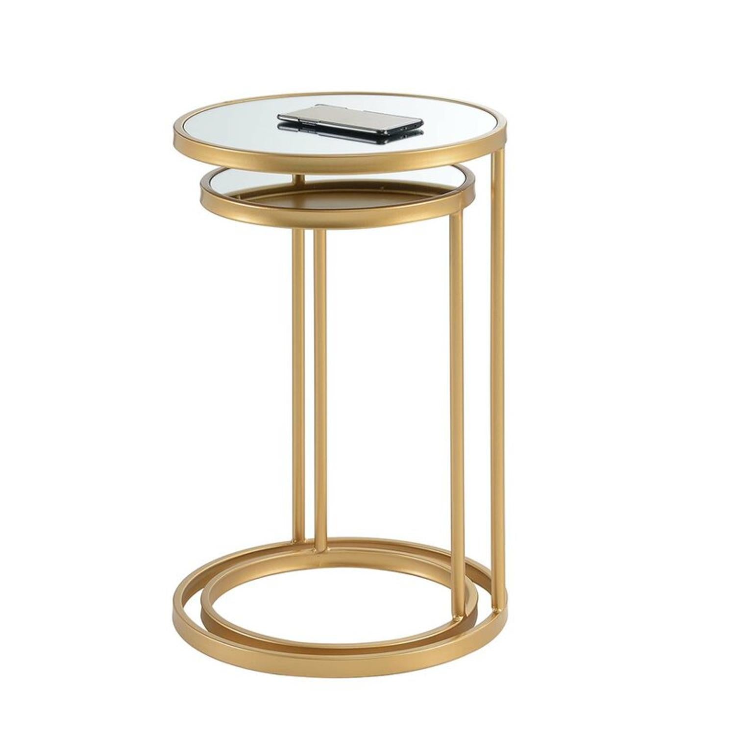 ViscoLogic Roven Glass Mirror Metal Frame Mid-Century Nested End Table Living Room Side Table (Gold)