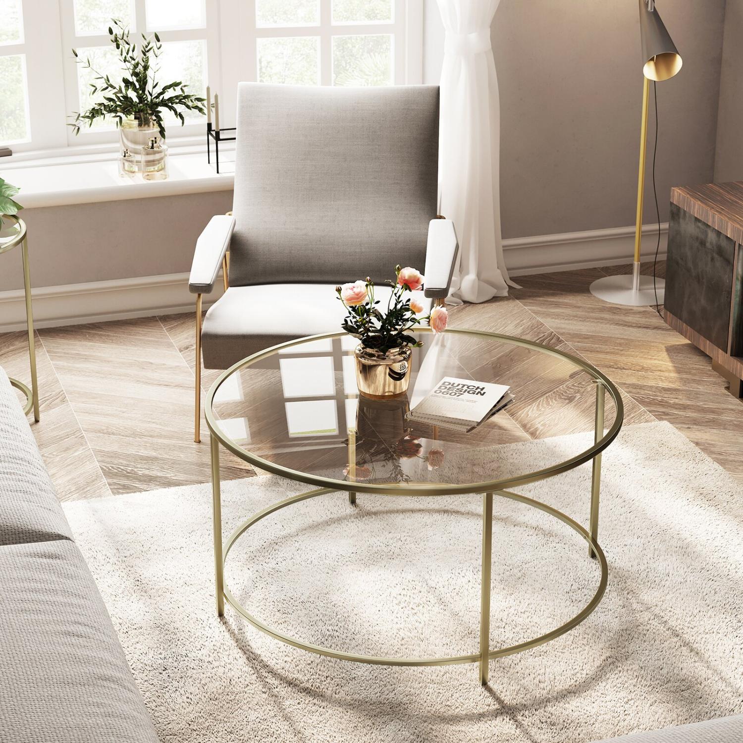 ViscoLogic Regal Mid-Century Elegant Round Clear Glass Table, Metal Frame Coffee/Center Table For Your Living Room, Bedroom (Golden)