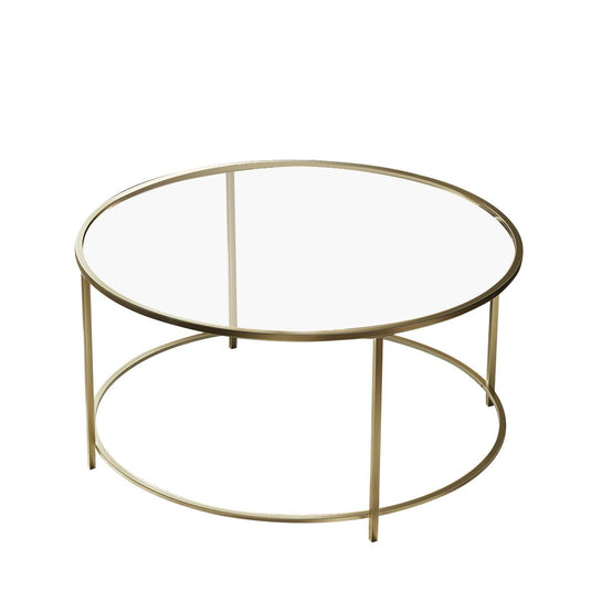 ViscoLogic Regal Mid-Century Elegant Round Clear Glass Table, Metal Frame Coffee/Center Table For Your Living Room, Bedroom (Golden)