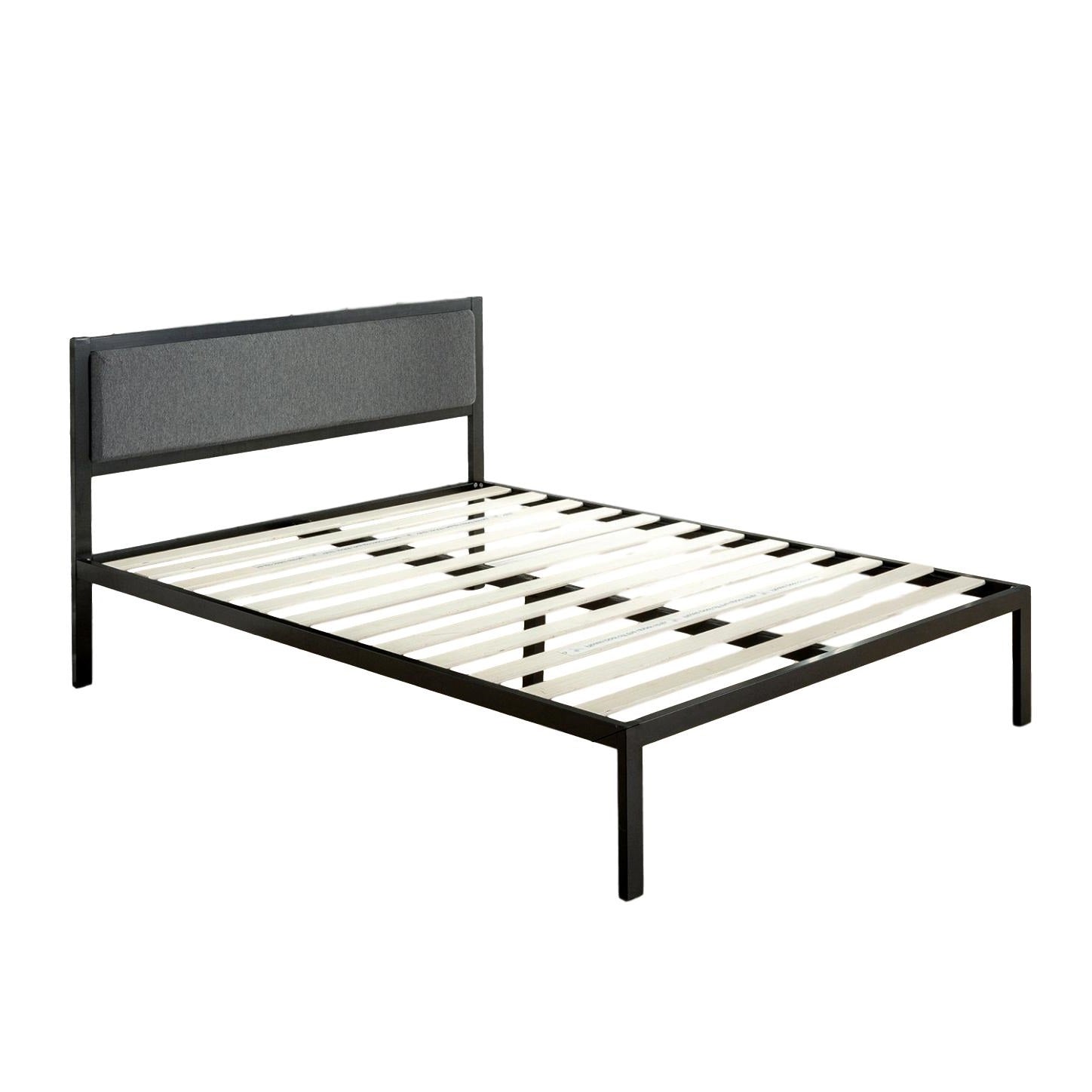 ViscoLogic Platform Metal Bed Frame with Upholstered Headboard/Mattress Foundation/Wood Slat Support