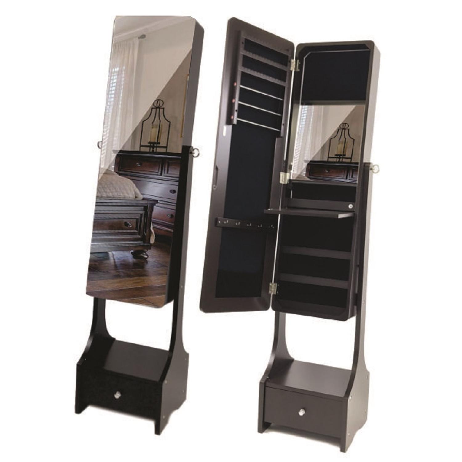 ViscoLogic Brooks Mirrored Jewelry Cabinet Armoire Stand, Large Drawer Base with LED Lights (Brown)