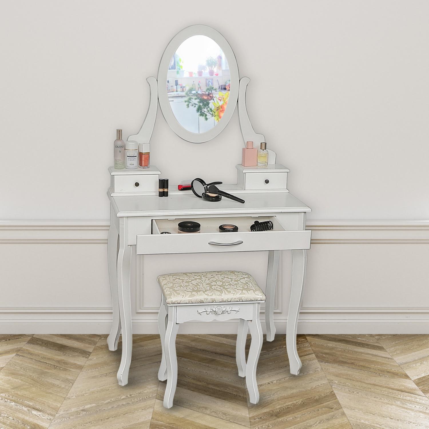 Viscologic Cherish Wooden Mirrored Makeup Vanity Dressing Table with Stool (White)