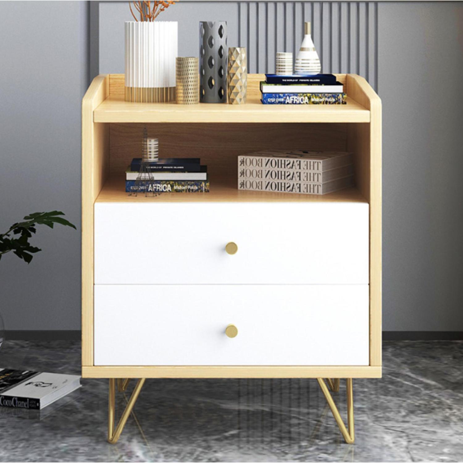 ViscoLogic FLETCHER Mid-Century NightStand With Open Storage and Two Drawers for Bedroom (Wood Grain)