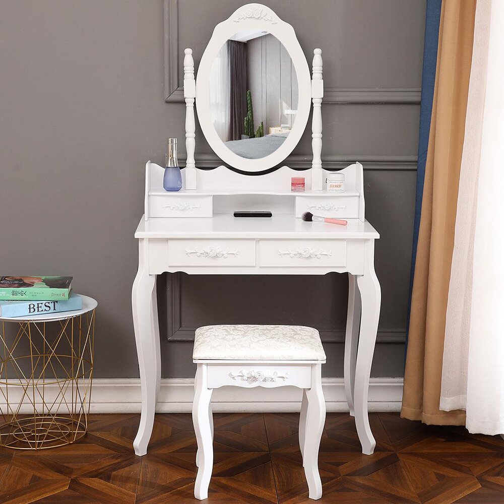 ViscoLogic Pearl Wooden Mirrored Makeup Vanity Table (White)