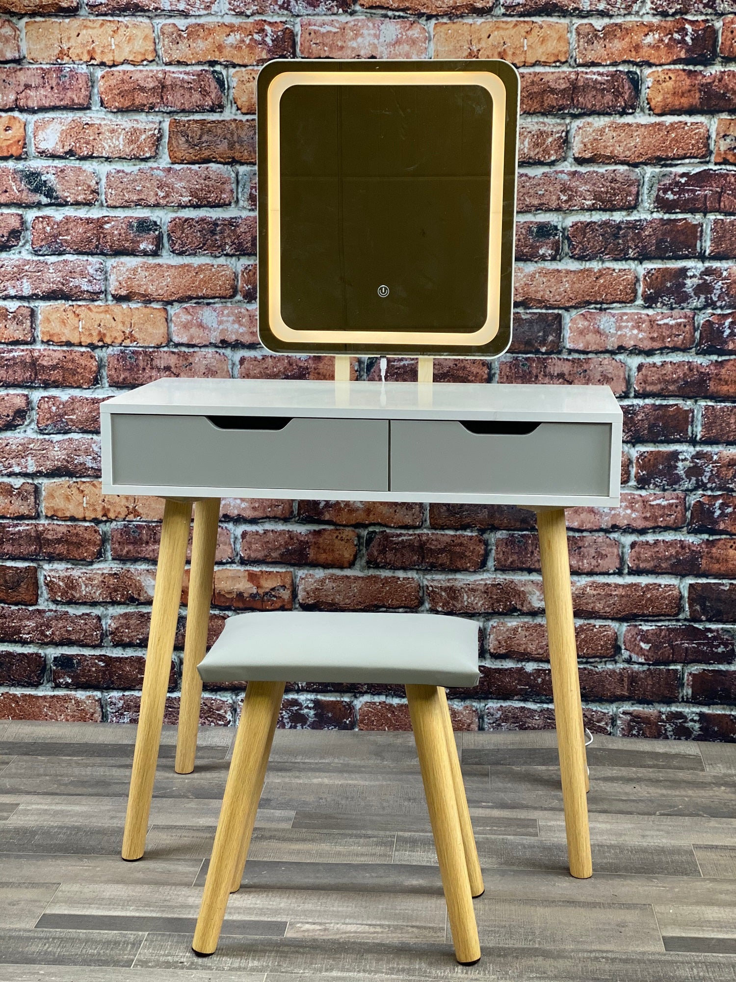 ViscoLogic VANIR Square Mirror Dressing Table Set With 3 Modes Adjustable LED Light Mirror Vanity (White & Grey)