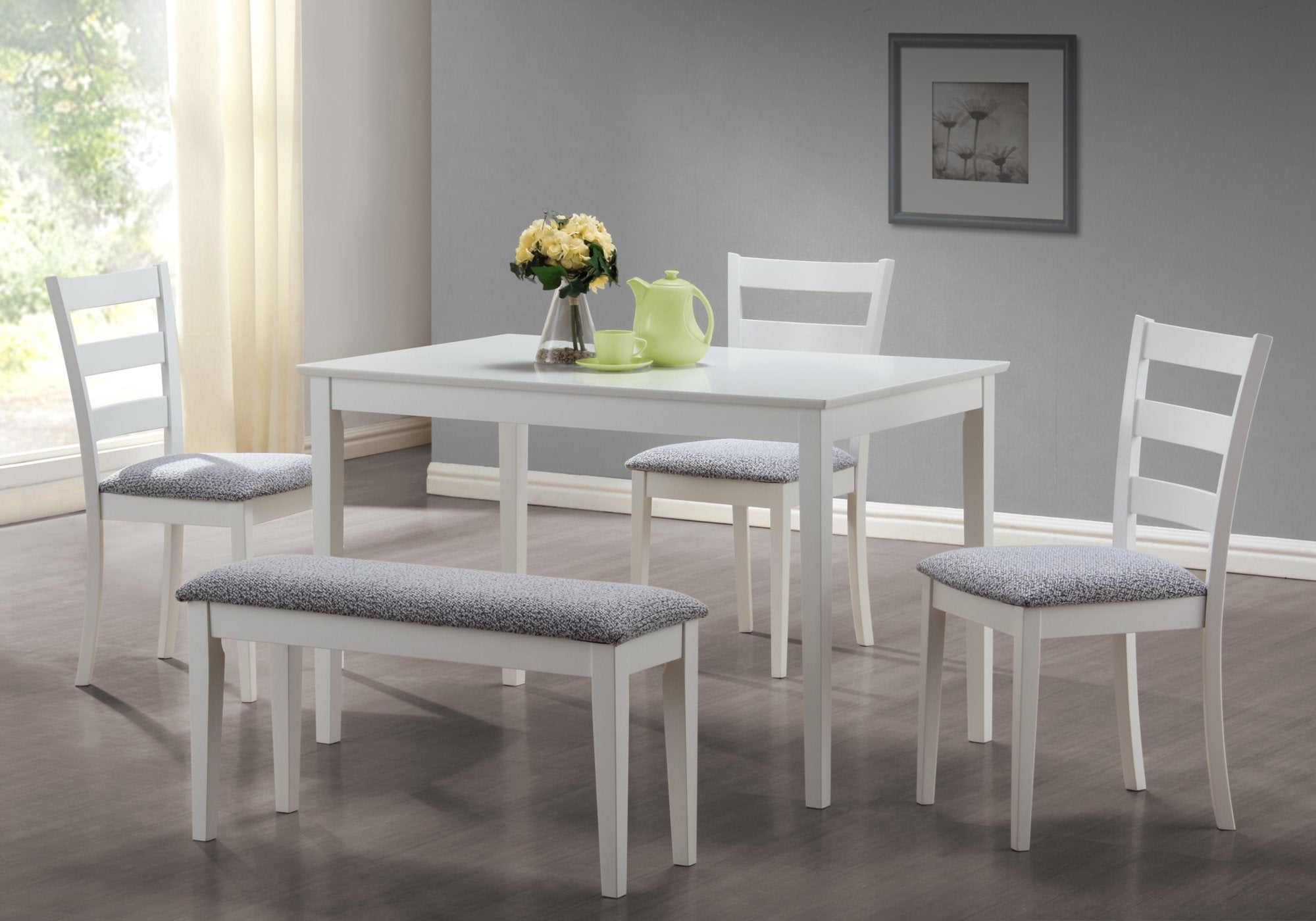 Luxury Modern Home Dining Table With  White Bench and 3 Dining Chairs (5 Pcs)