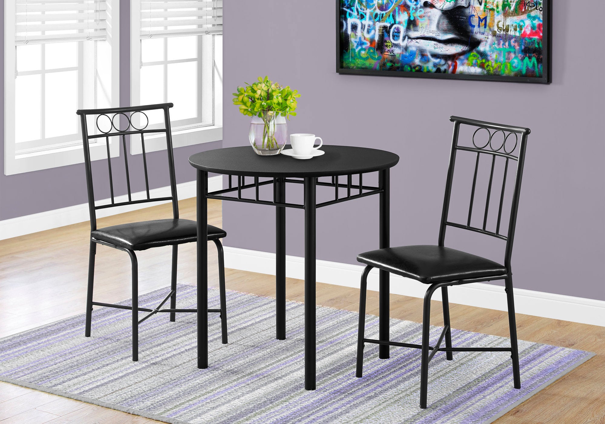 Modern Home Sturdy Round Dining Table 3 Pcs Set (Black)