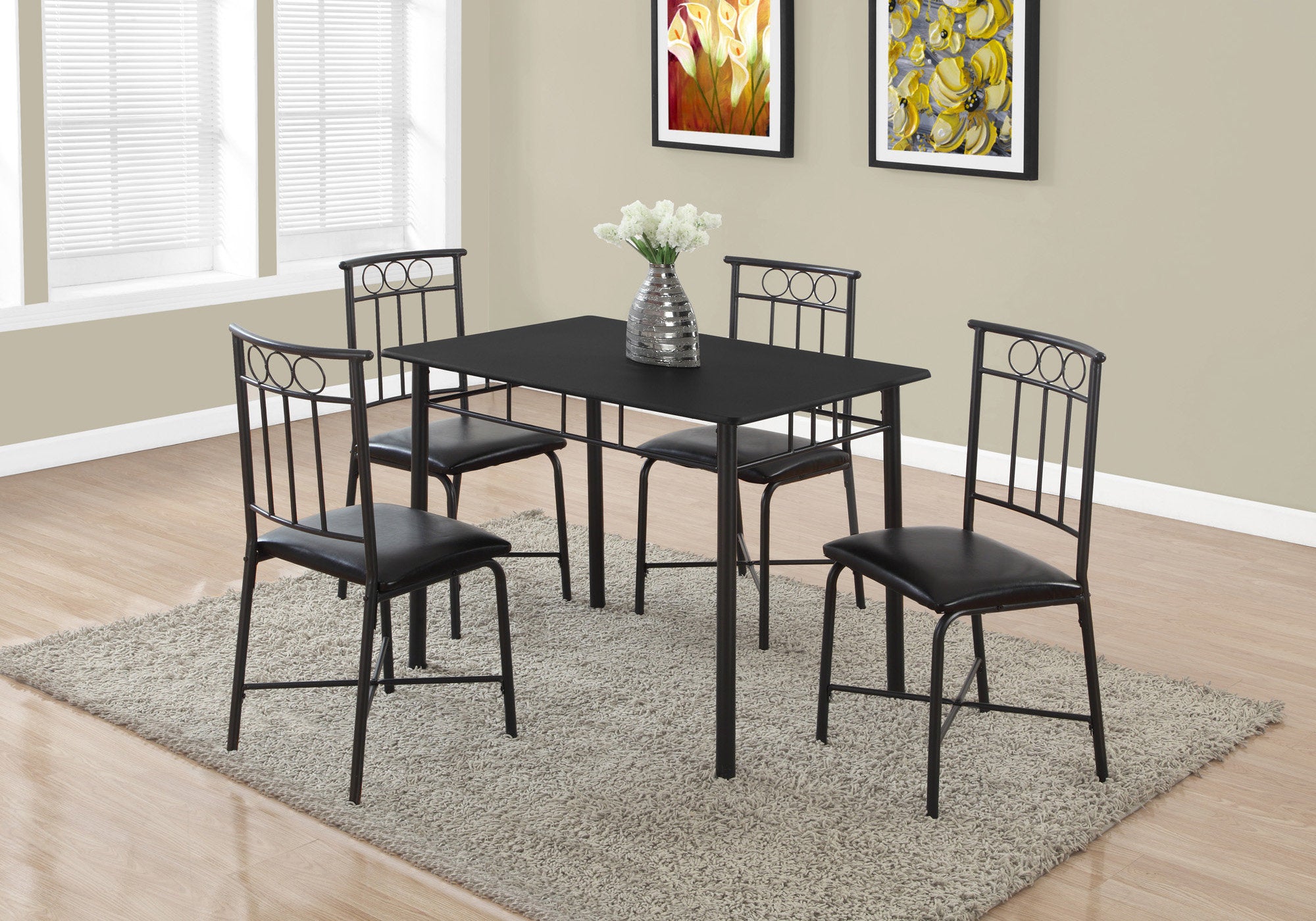Modern Home Sturdy Rectangular Dining Table With 4 Metal Chair Set (Black)
